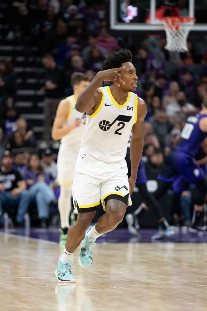 Utah Jazz guard Collin Sexton (2) celebrates after making a shot during the third quarter against the Sacramento Kings at Golden 1 Center.